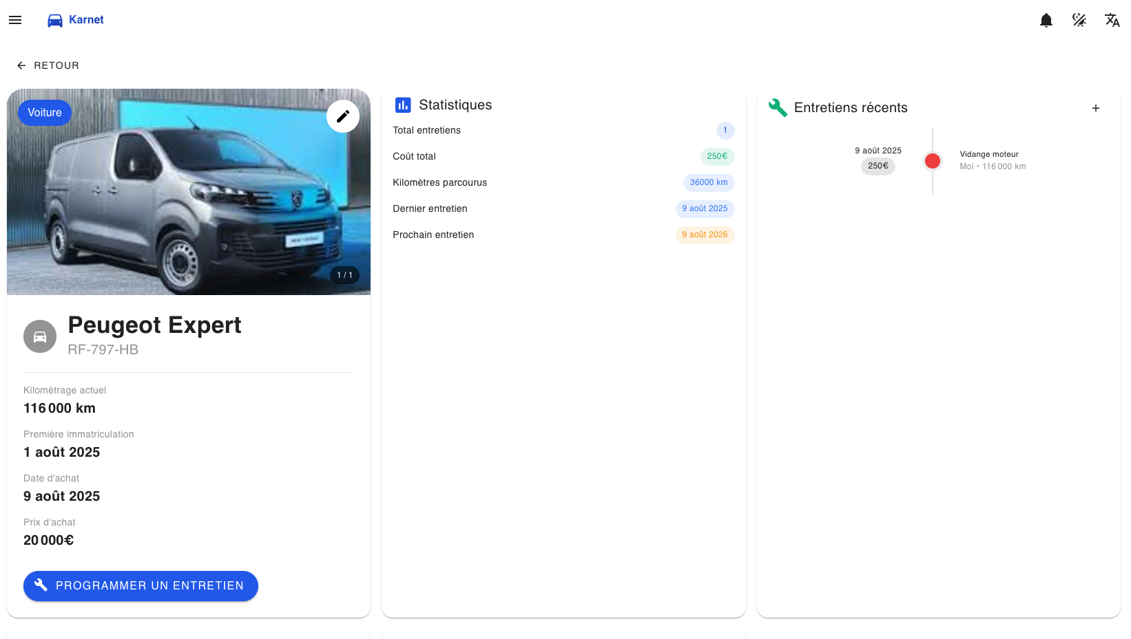 Gestion des véhicules Karnet